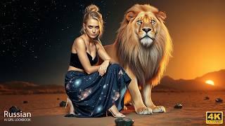 4K AI Art Lookbook｜Stunning Supermodel with Golden Lion Under Starry Fantasy Sky