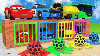 McQueen, Police Car, Excavator, Bus Guess The Right Door Guess ESCAPE ROOM CHALLENGE Car Cage Game