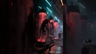 Alien creature scaping from high tech Lab - Bunker at the mountains Southeast.