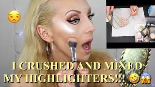 I CRUSHED AND MIXED ALL THE HIGHLIGHTERS I HATE!  COOKING MY OWN MAKEUP, LOL