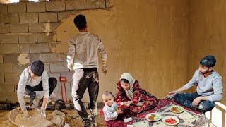 "The start of plastering our house: Ibrahim's hard work and Soghari's delicious sandwich"