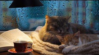 Cat purring sound with light rain outside the window. Comforting sounds for relaxation.