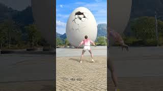 Playing ball and smashing big white eggs
