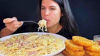 CREAMY BACON SPAGHETTI & HASH BROWNS | MUKBANG | ASMR | EATING SOUNDS