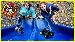 MONSTER TRUCKS PLAY AT THE PARK  Wonder Woman & Batman Rescue Monster Jam Minis from Darth Vader