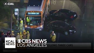 Collision between Metro bus and 3 cars in Van Nuys leaves 1 person seriously injured