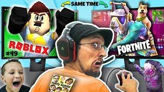 PLAYING FORTNITE & ROBLOX @ SAME TIME! FGTEEV Scary Elevator Monster Mashup w/ Bendy, FNAF, Neighbor