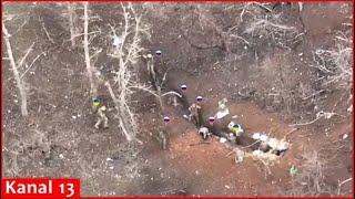 Two Ukrainian soldiers capture 5 Russians hiding in a trench - Drone footage