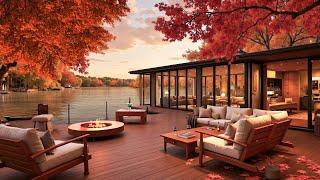 Peaceful Autumn by the Lakeside with Smooth Jazz - Bossa Nova by a Cozy House with a Fireplace