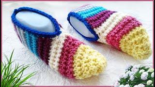 BRIGHT SLIPPERS WITH KNITTING NEEDLES FROM THE REMNANTS OF YARN.MK FOR BEGINNERS