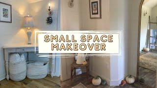 SMALL SPACE MAKEOVER | How To DIY SHIPLAP & FURNITURE To Transform A Small, DarK STAIRWAY LANDING