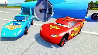 Two cars Mcqueen and Dinoco are talking happily on the road
