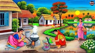 Beautiful Village Landscape Scenery Painting| Indian Village Scenery Painting With EarthWatercolor