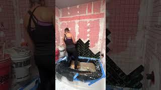 Part 2 renovating my friends bathroom on a budget! DIY Laying subway tile herringbone pattern