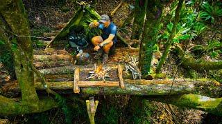 Tree hut shelter with fire place solo bushcraft log cabin/platform build while tarp camping. E4S2