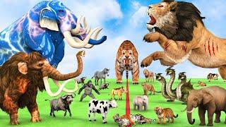 5 Giant Mammoth Elephant Cow Vs Titan Hydra Vs 5 Giant Lion Tiger Wolf Cub Saved By Wolly Mammoth