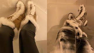 Taking a bath in furry winter boots and leather pants. Wet fur boots. Wet leather. Wam girl. Wetlook