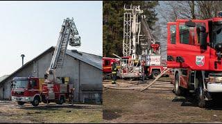 Przejazdy straży pożarnej do pożaru budynku inwentarskiego i akcja gaśnicza.