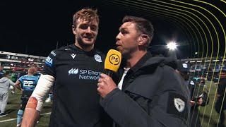 Ryan Wilson catches up with Glasgow Warriors players after win against Cardiff