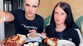 МУКБАНГ ЖАРЕНЫЕ СОСИСКИ/ ГРЕЧКА/ СПАГЕТТИ #asmr #mukbang #breakfast #food