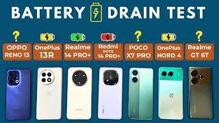 OPPO Reno 13 vs OnePlus 13R vs POCO X7 Pro vs Realme 14 Pro+ vs Nord 4 vs GT 6T | Battery Drain Test