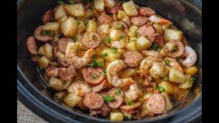 CROCKPOT CAJUN STYLE SMOTHERED POTATOES WITH SAUSAGE AND SHRIMP