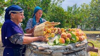 CAUCASIAN VILLAGE LIFE | GRANDMA COOKING PEACH JAM AND COMPOTE | DOUBLE DELICIOUS CHICKEN RECIPE