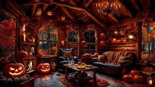 COZY PUMPKIN CABIN AMBEINCE-JACK O LANTERN-CRACKLING FIREPLACE-FALLING AUTUMN LEAVES-HALLOWEEN DÉCOR