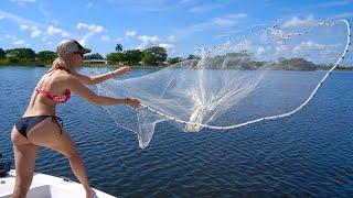 Learning how to throw a cast net, catching bait & catching MONSTER fish!!