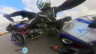 RAMMED BIKER ALMOST GETS HIT BY A TRUCK - CRAZY Motorcycle Moments 2025