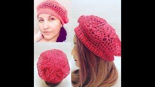 Летний ажурный берет крючком на основе пятиугольника.crochet beret