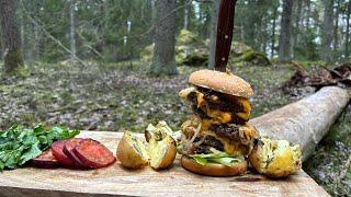 Simple Nature Cooking: King Hamburger in the Nordic Jungle- Asmr cooking- relaxing cooking