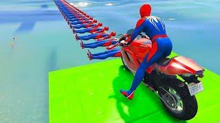 Superheroes on a motorcycle ride over the sea along the Spider-Man Bridge GTA 5