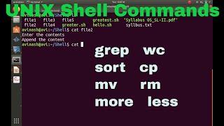 Unix shell commands with examples : more, less, grep, cp, mv, sort, wc, rm