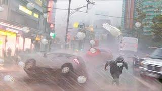 Tokio heute! Sturm und 15 cm großer Hagel treffen Häuser und Autos in Hachioji, Japan