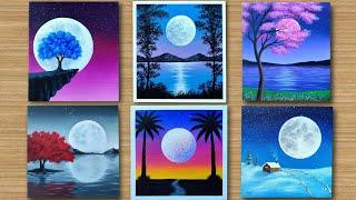 Full Moon | 6 Easy Moonlight scenery painting for Beginners | Acrylic Painting