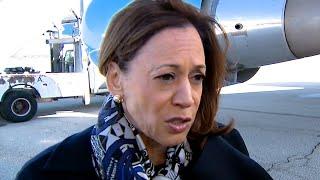 Kamala Harris speaks with reporters on tarmac in Michigan