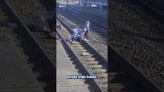 Woman drags stroller with kids across tracks
