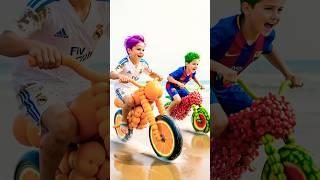 Messi and Ronaldo make fruit motorbike for son #ronaldo #football #messi #watermelon #orange #funny