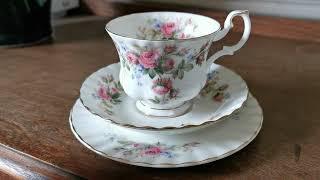 Royal Albert China Moss Rose Tea Cup Saucer & Side Plate Trio