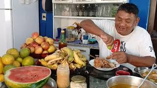 Greedy Man Having Lunch with Beans and Pig's Feet and Fish in Broth He Took Out Almost All of the...