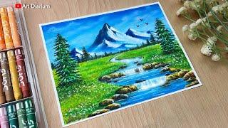 How to Draw a Mountain River Scenery with Oil Pastels | inspired by Bob Ross