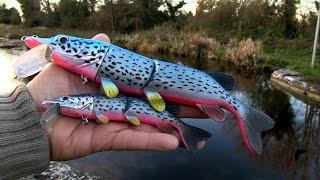 Big vs small: winter pike attack Mike the Pike fishing lure. Рыбалка зимой: щука атакует приманку.