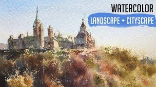 Watercolor landscape and cityscape juxtaposition. Balance in painting.