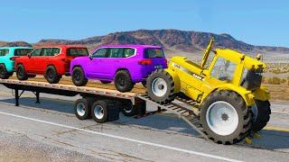 Flatbed Trailer Truck Potholes Transport Car Portal Trap Rescue - Cars vs Speed Bumps - BeamNG.drive