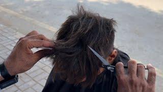 STREET BARBER  ASMR Fast Hair Cutting with Scissors ️