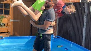 Dad vs son & daughter pool wrestling match