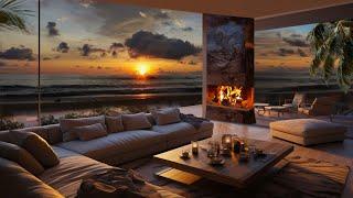 "Cozy Beach House | Relaxing Fireplace & Sound of Ocean Waves For Deep Sleep | Sunset Ambience"