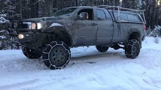 12" Lifted Tundra On 37s Wrapped In V-bar Tire Chains VS A Steep Icy Hill In The Canadian Rockies