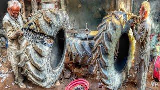 Aluminum stitching 90-year-old man attaches large tractor tire to original with aluminum stitching